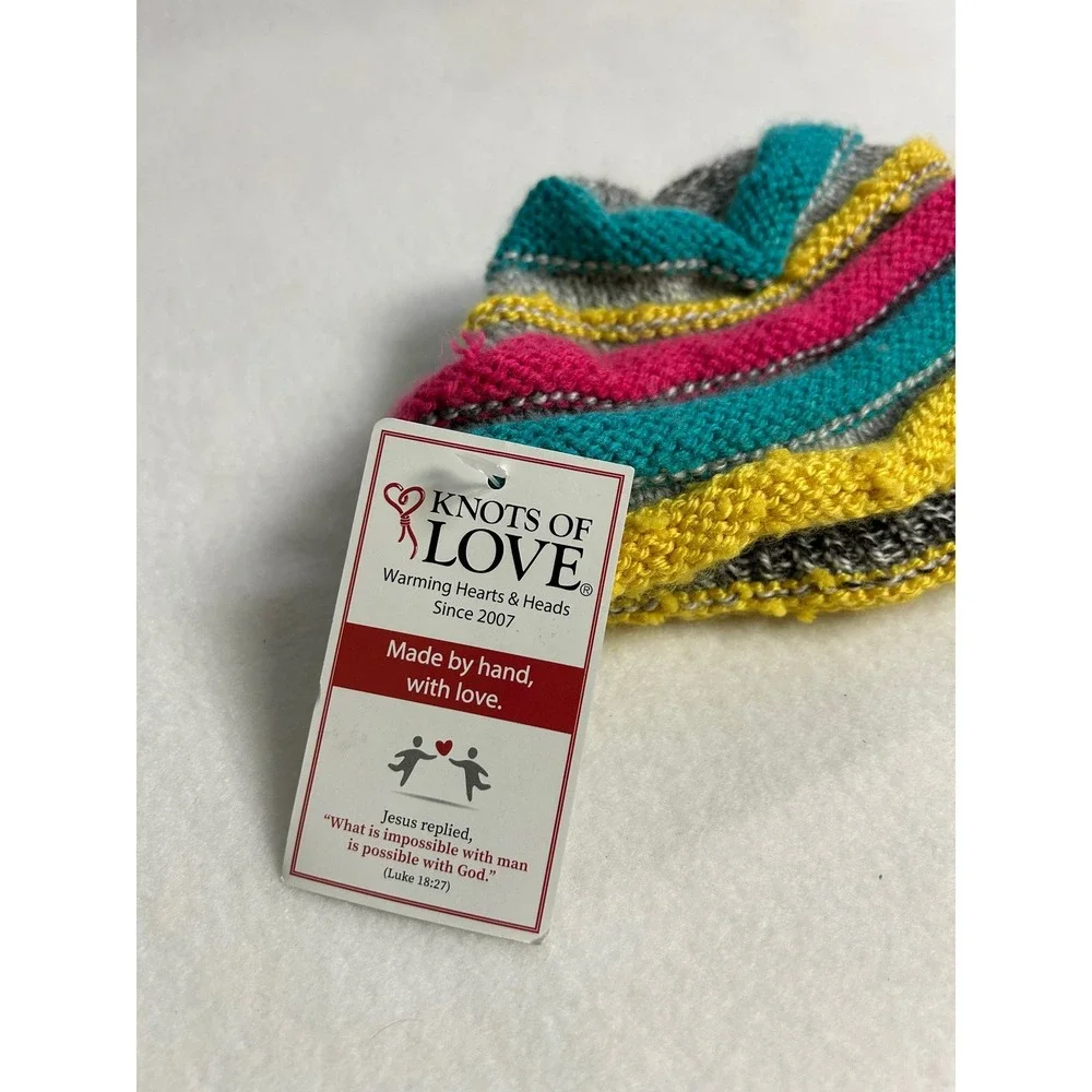 Handmade Knit Knots of Love Small Multi-Color Striped Garter Stitch‎ Beanie Hat